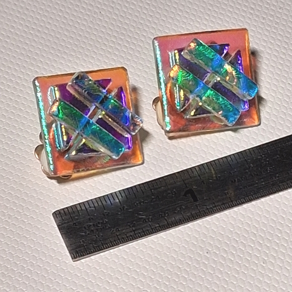 * Vintage Multi Layer Dichroic Glass Clip On Earrings - Picture 1 of 4